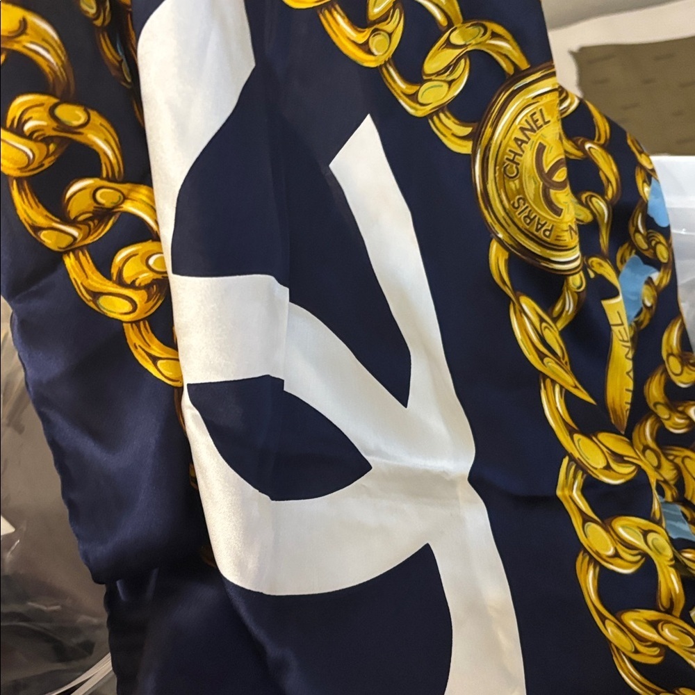 CHANEL Navy, White & Gold Chain Motif Silk Scarf